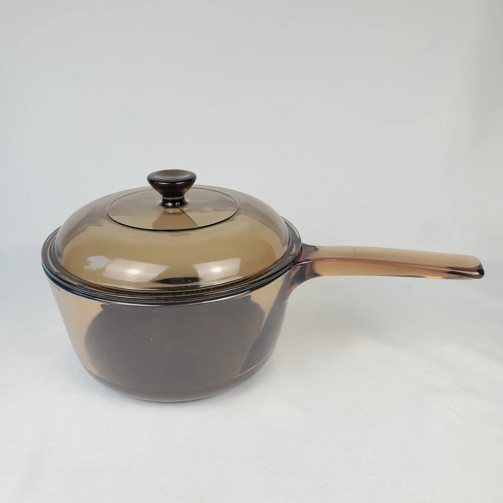 Vintage Corning Vision Ware 1.5 L Amber Glass Pot Sauce Pan With Lid Made In USA